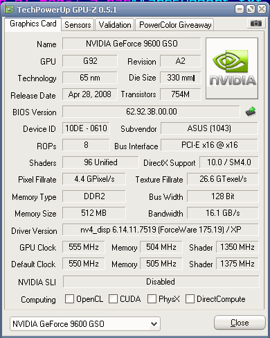 GPU-z на ASUS EN9600GSO MG/HTDP/512M/A