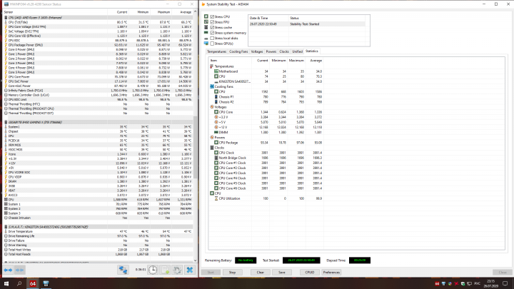 Показания HWiNFO64 на 25 минуте теста.